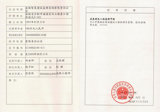 房屋建筑工程甲级监理资质证书副本