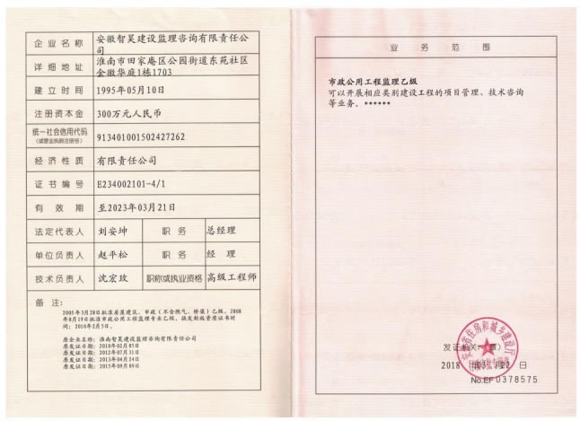 市政公用工程乙级监理资质证书副本